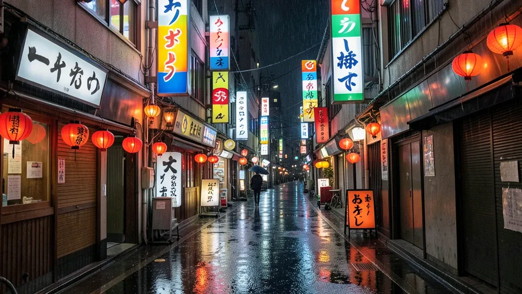 Rainy Tokyo street at night with glowing izakaya signs, red lanterns, and wet pavement reflections