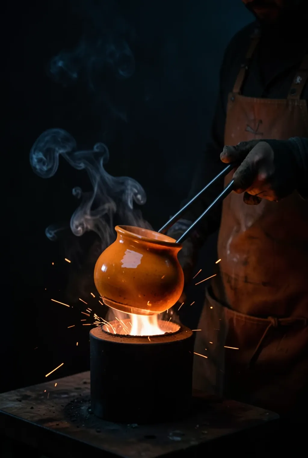 A glowing raku pot lifted from a kiln with tongs, sparks drifting in the dusk