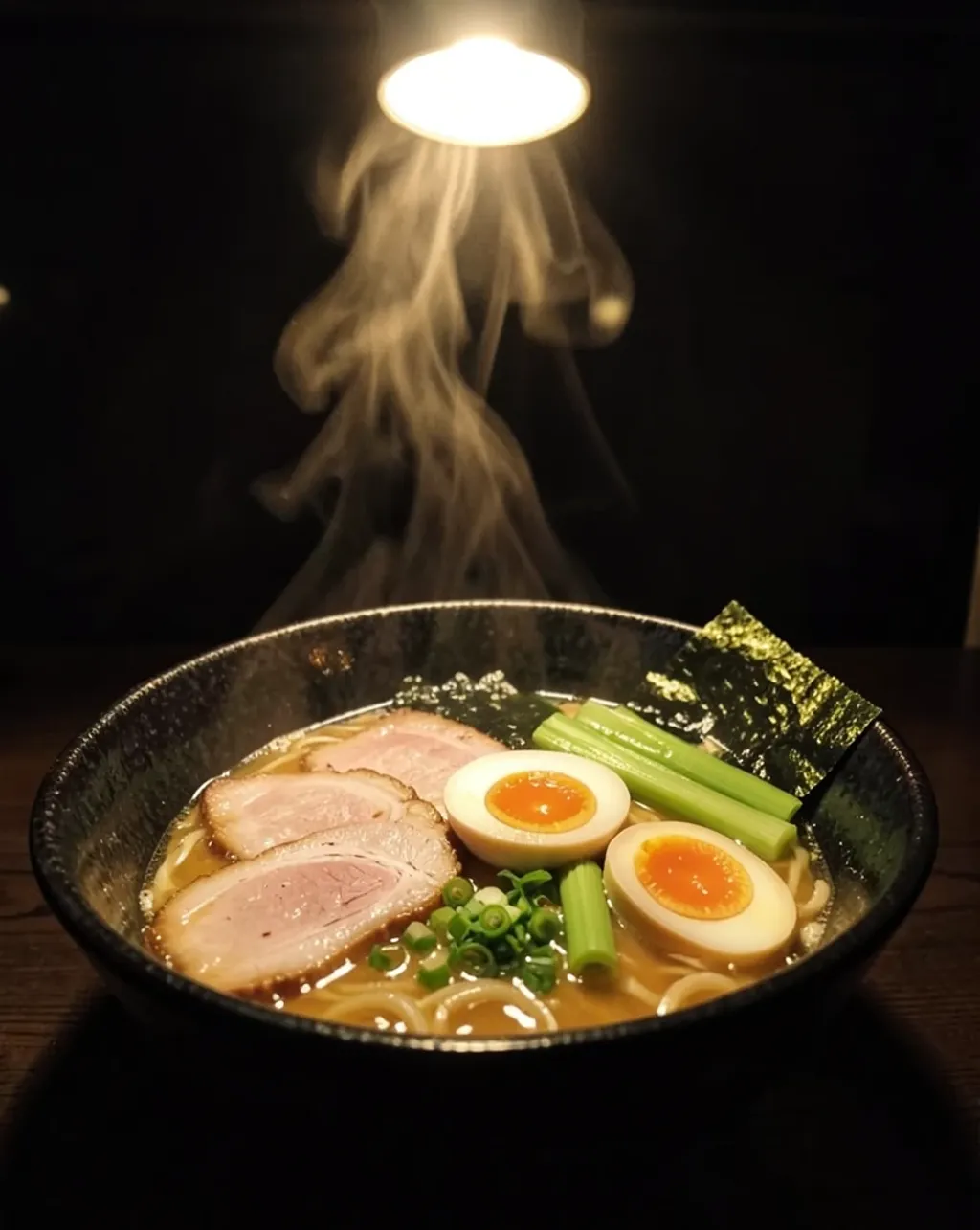 Rich pork ramen bowl with egg, nori, bamboo shoots, and green onions steaming under warm night light