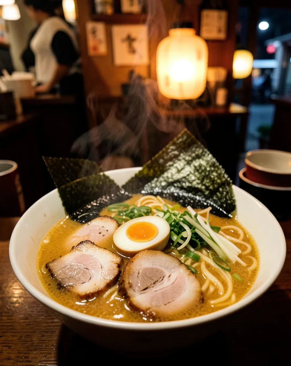 Steaming ramen bowl with chashu pork, soft egg, nori, and scallions under warm lantern light