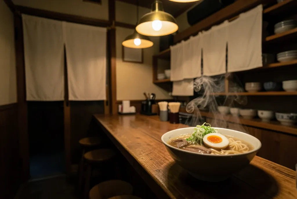 A cozy ramen shop counter with steam rising from a bowl under warm pendant lamps