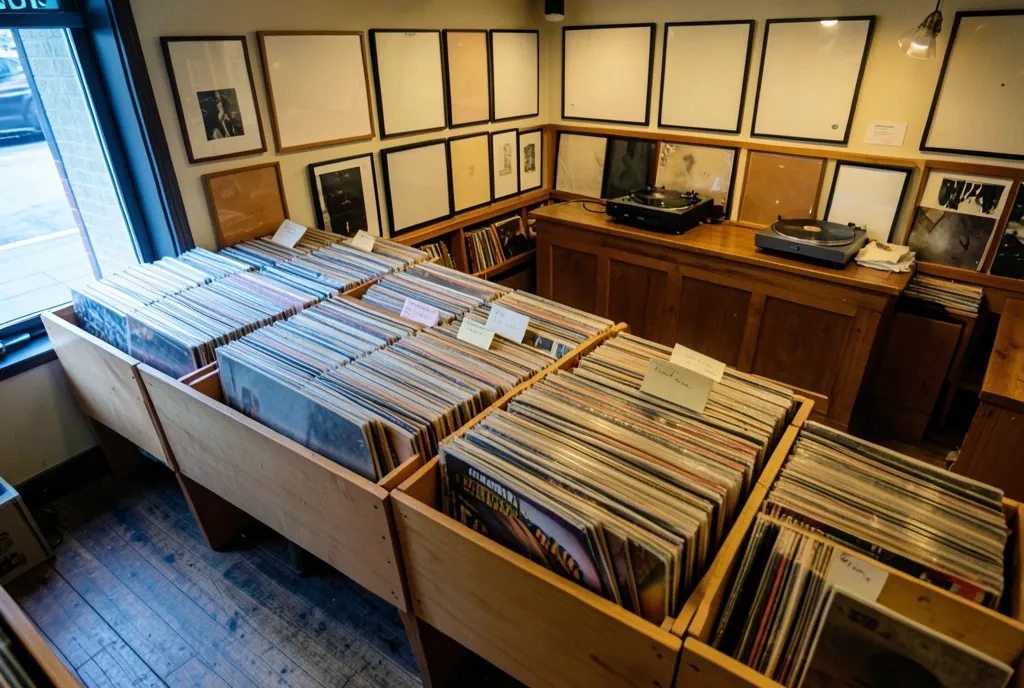 Independent record store with wooden browsing bins of records seen edge-on and a back counter