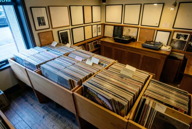 Independent record store with wooden browsing bins of records seen edge-on and a back counter