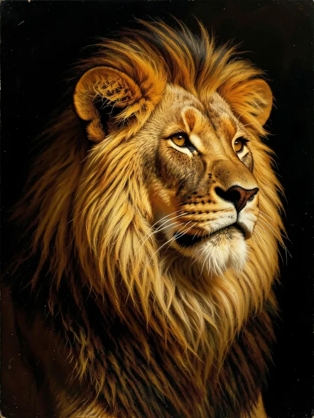 A majestic male lion with a full flowing mane in warm golden light, painted in a classical oil portrait style