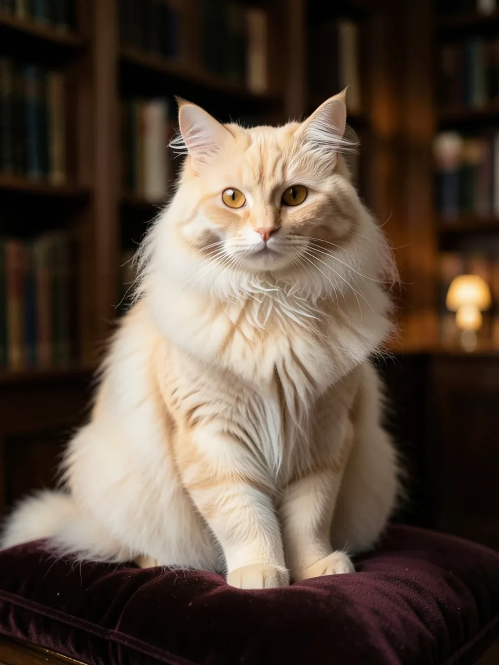 Regal Persian cat with cream fur and amber eyes sitting on a velvet cushion in a library