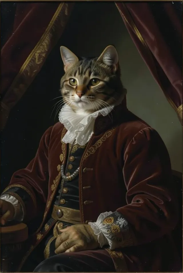 Renaissance royal portrait of a tabby cat in burgundy velvet with gold frame