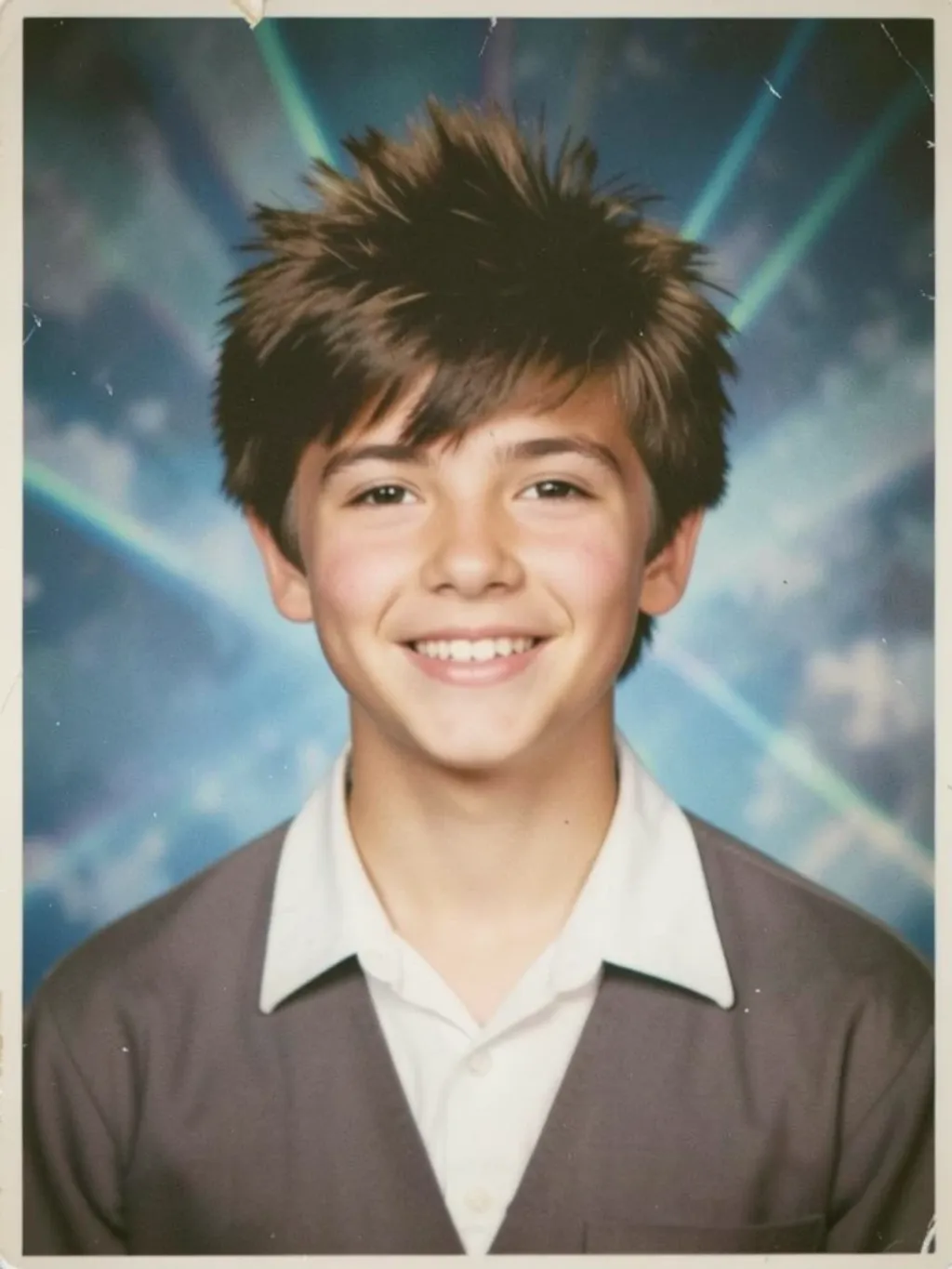 Retro early-1990s yearbook-style portrait with feathered hair on a blue mottled studio backdrop