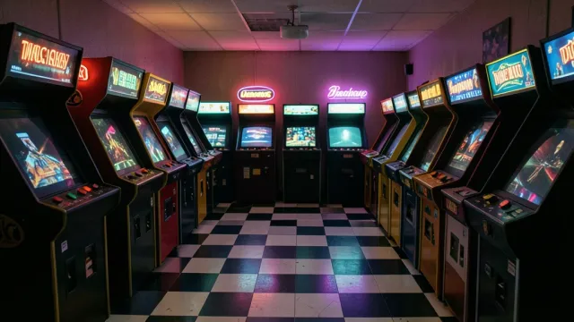 Retro arcade game room with glowing cabinets, neon marquees, checkered floor, and dim ambient light