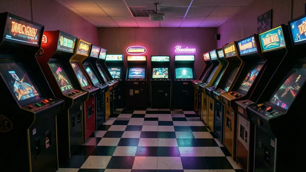 Retro arcade game room with glowing cabinets, neon marquees, checkered floor, and dim ambient light