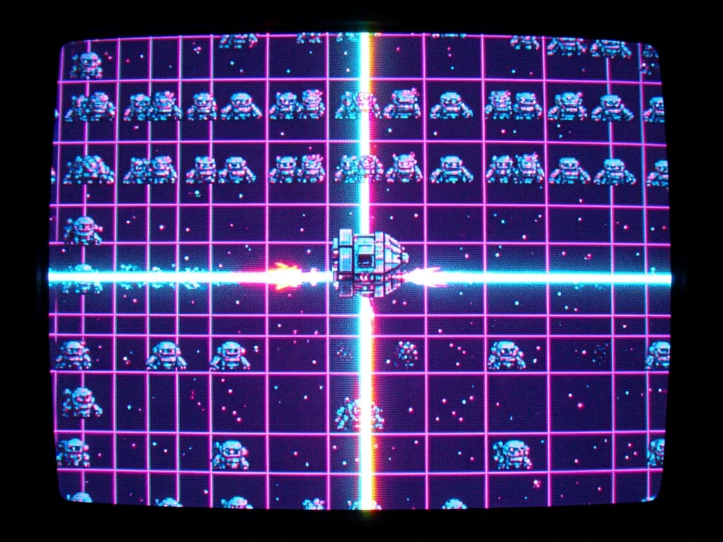 A retro 80s pixel arcade space shooter screen with a player ship, rows of aliens, lasers, and a neon grid