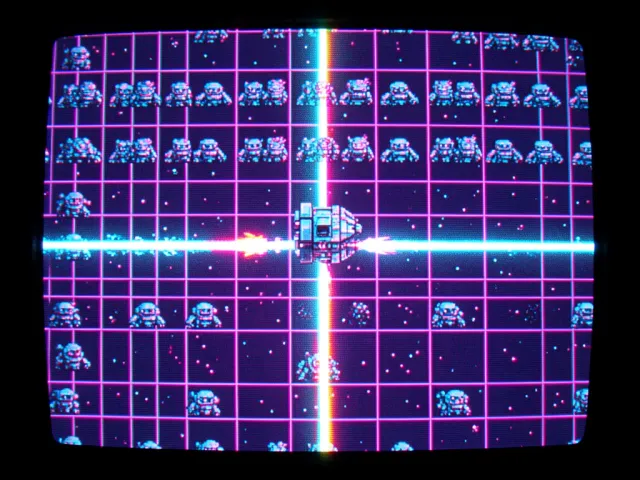 A retro 80s pixel arcade space shooter screen with a player ship, rows of aliens, lasers, and a neon grid