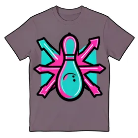 Retro bowling alley neon sign t-shirt design with pin, ball, starburst and hot pink teal flat fills