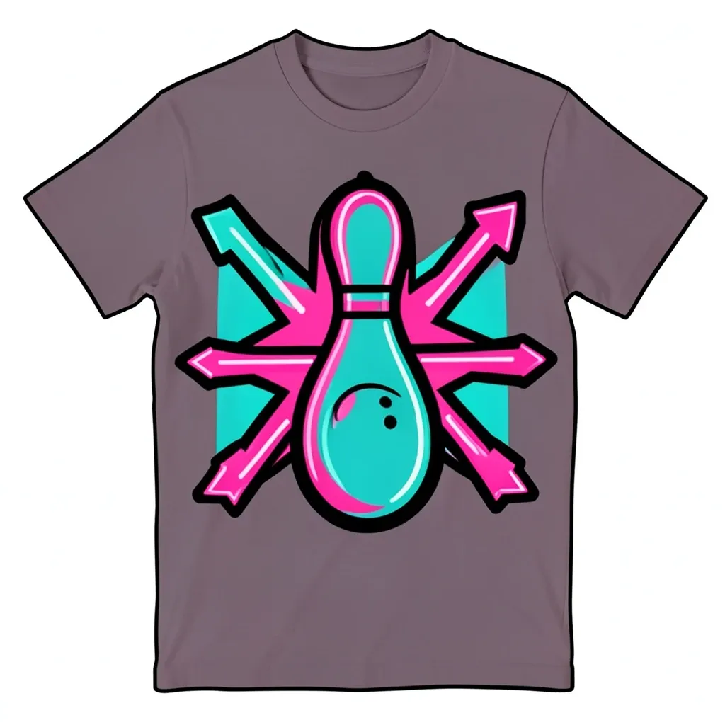Retro bowling alley neon sign t-shirt design with pin, ball, starburst and hot pink teal flat fills