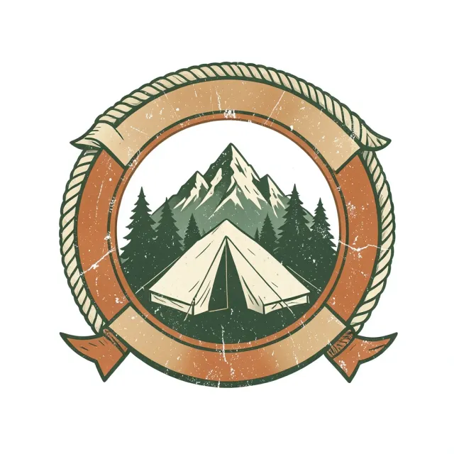 Retro camp badge t-shirt design with a tent, pine trees and mountain outline