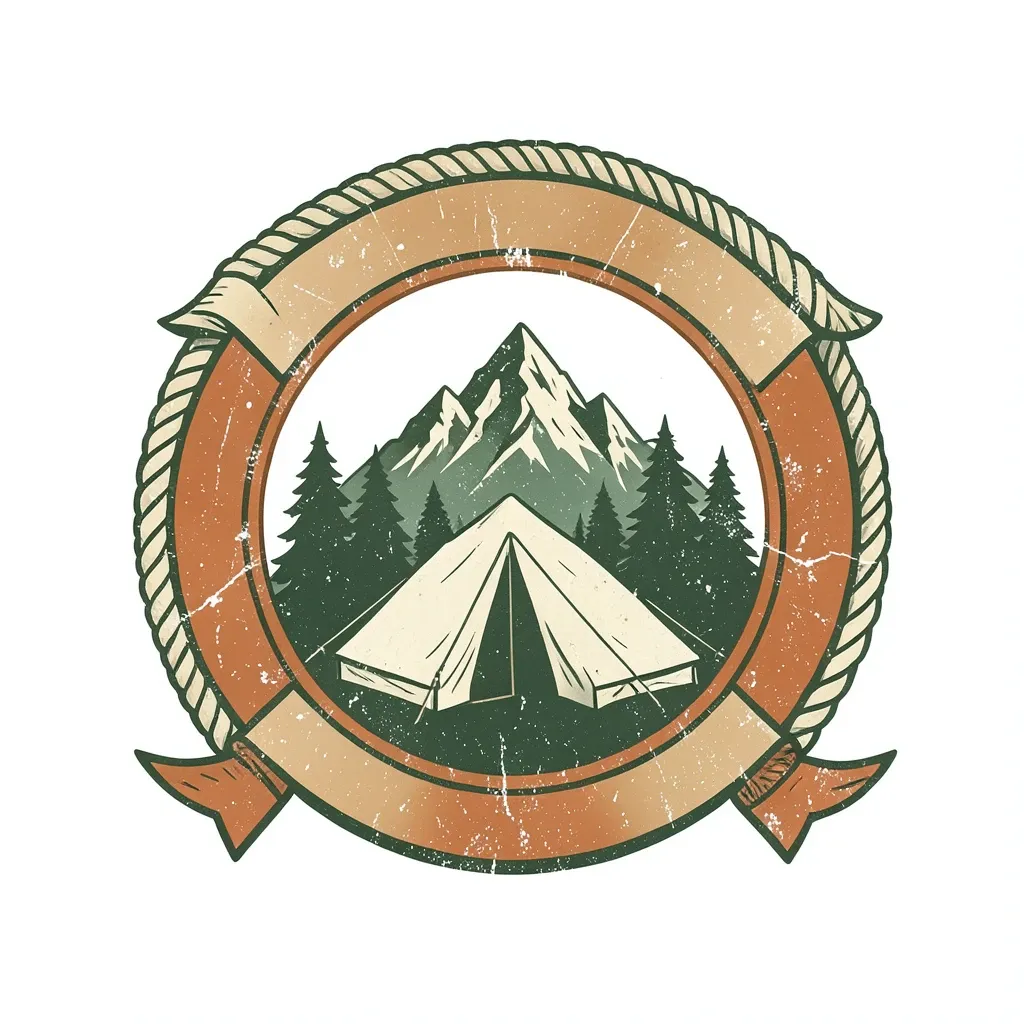 Retro camp badge t-shirt design with a tent, pine trees and mountain outline