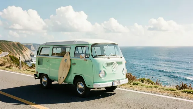 Vintage mint green camper van on a coastal cliff with a surfboard and ocean view