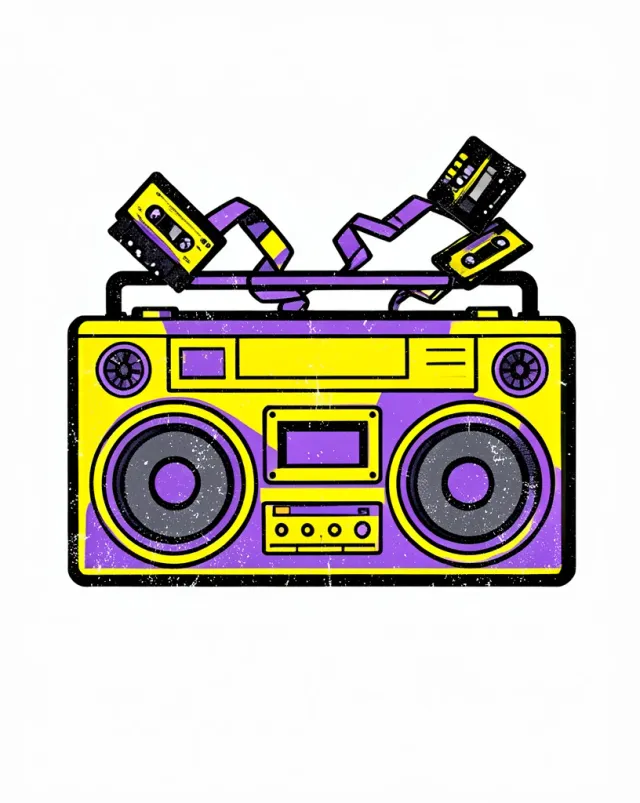 Retro flat-vector 80s boombox with cassette tapes flying out in bold yellow and purple on a white tee graphic