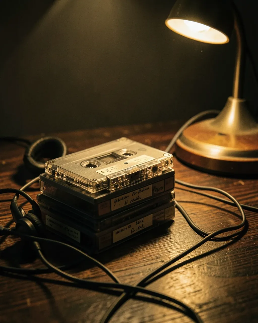 Retro cassette tapes and headphones arranged in a moody 80s still life