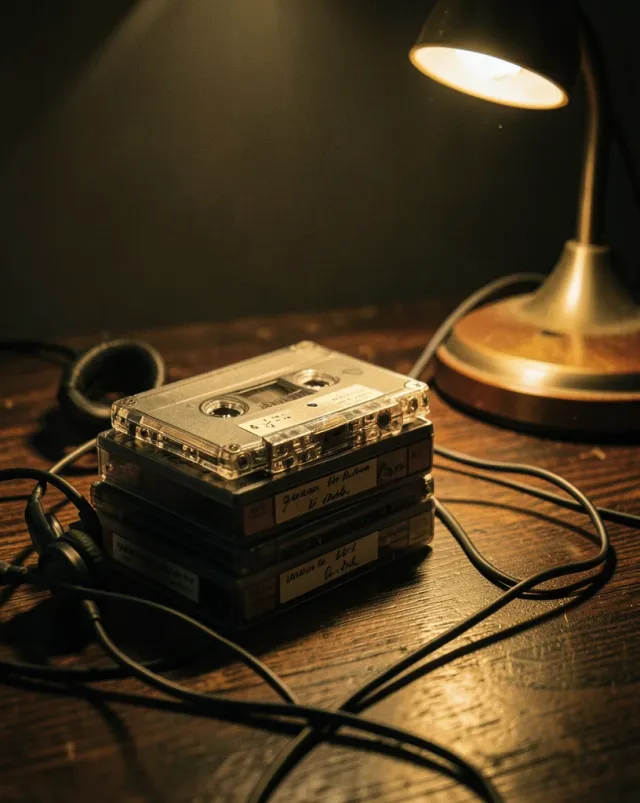 Retro cassette tapes and headphones arranged in a moody 80s still life