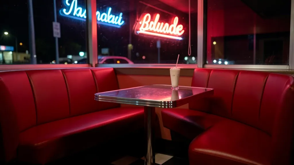 Retro diner booth at night with red vinyl seats, chrome accents, and neon glow through the window