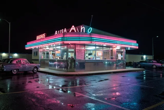 Retro chrome diner at night with glowing pink and turquoise neon signs reflected on wet pavement