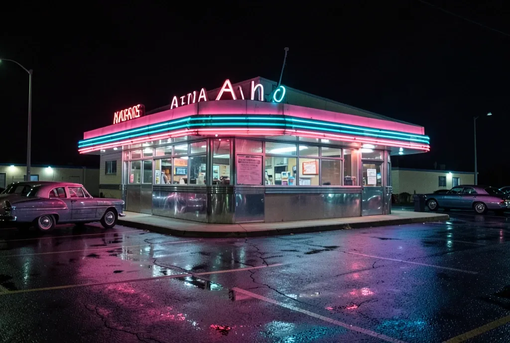 Retro chrome diner at night with glowing pink and turquoise neon signs reflected on wet pavement