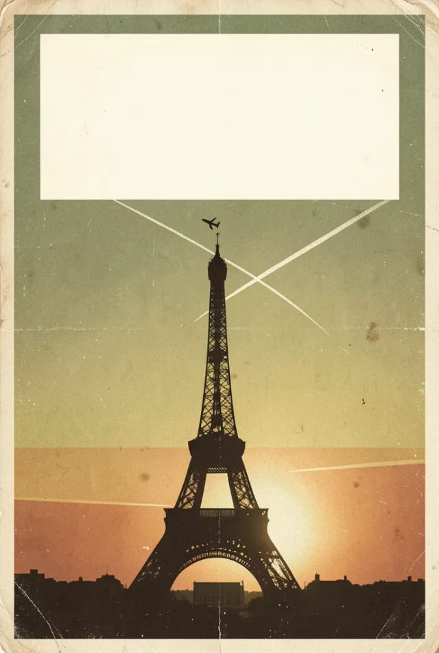 Retro European travel poster with a landmark silhouette and vintage colors