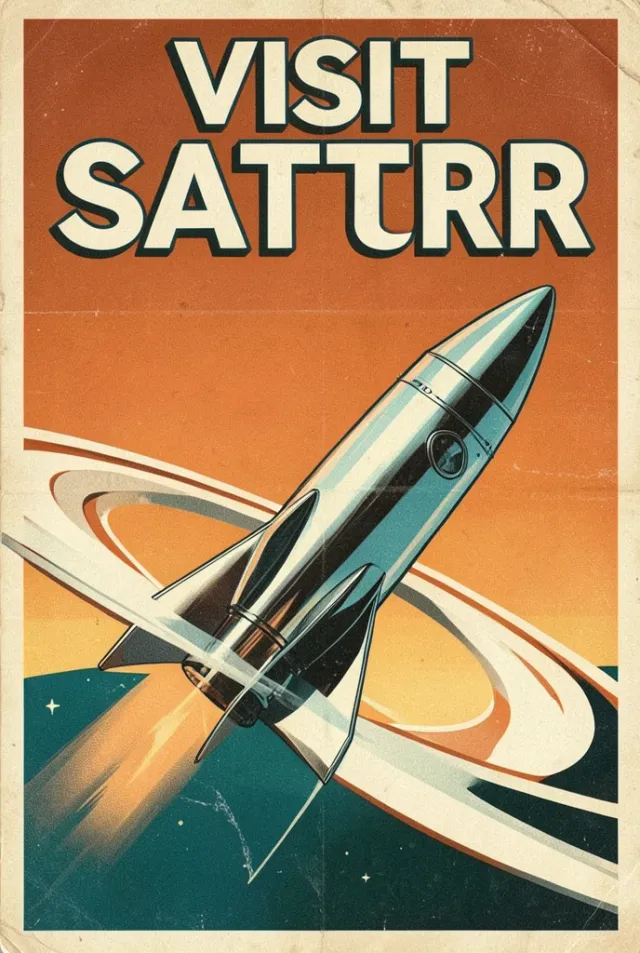 A 1970s retro-futurism space travel poster — AI-generated example render