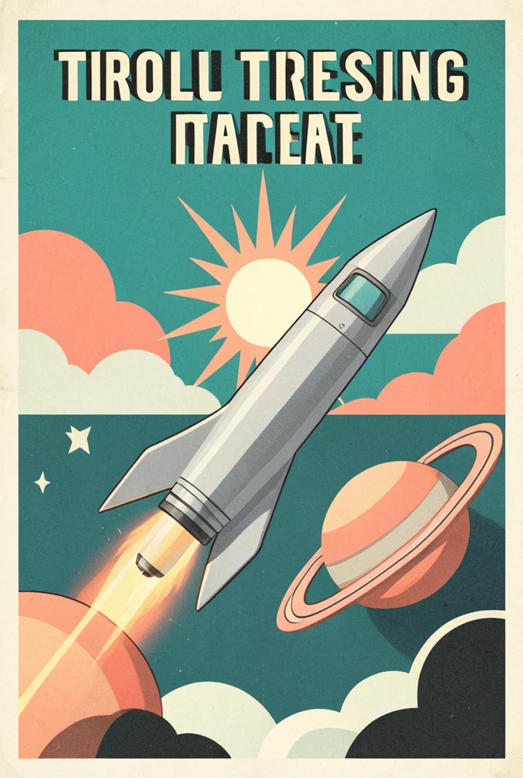 Retro-futuristic space tourism poster with a rocket and stylized planets