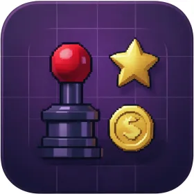 Retro game app icon with pixel-art joystick red ball top 8-bit star and coin on purple gradient with scanlines