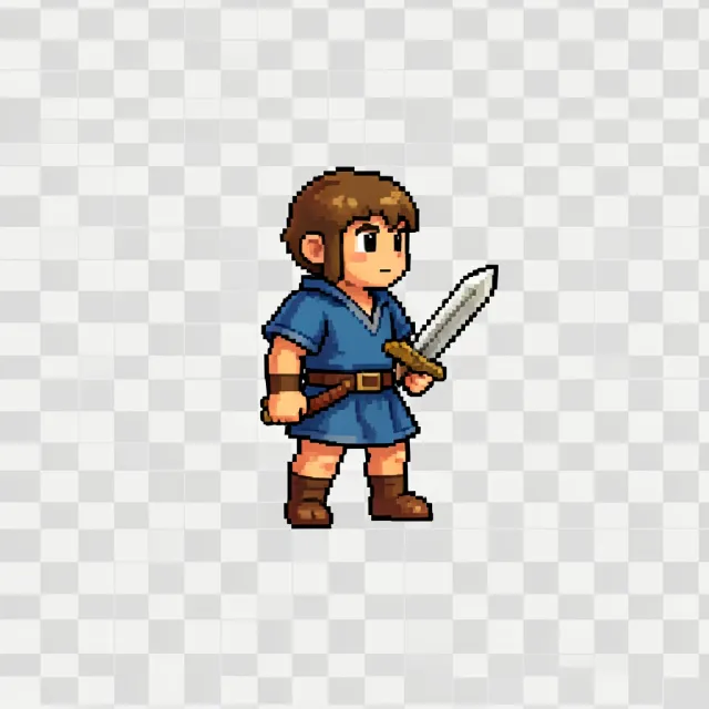 A 32x32 pixel art hero sprite in a blue tunic holding a sword, idle pose centered on a transparent grid