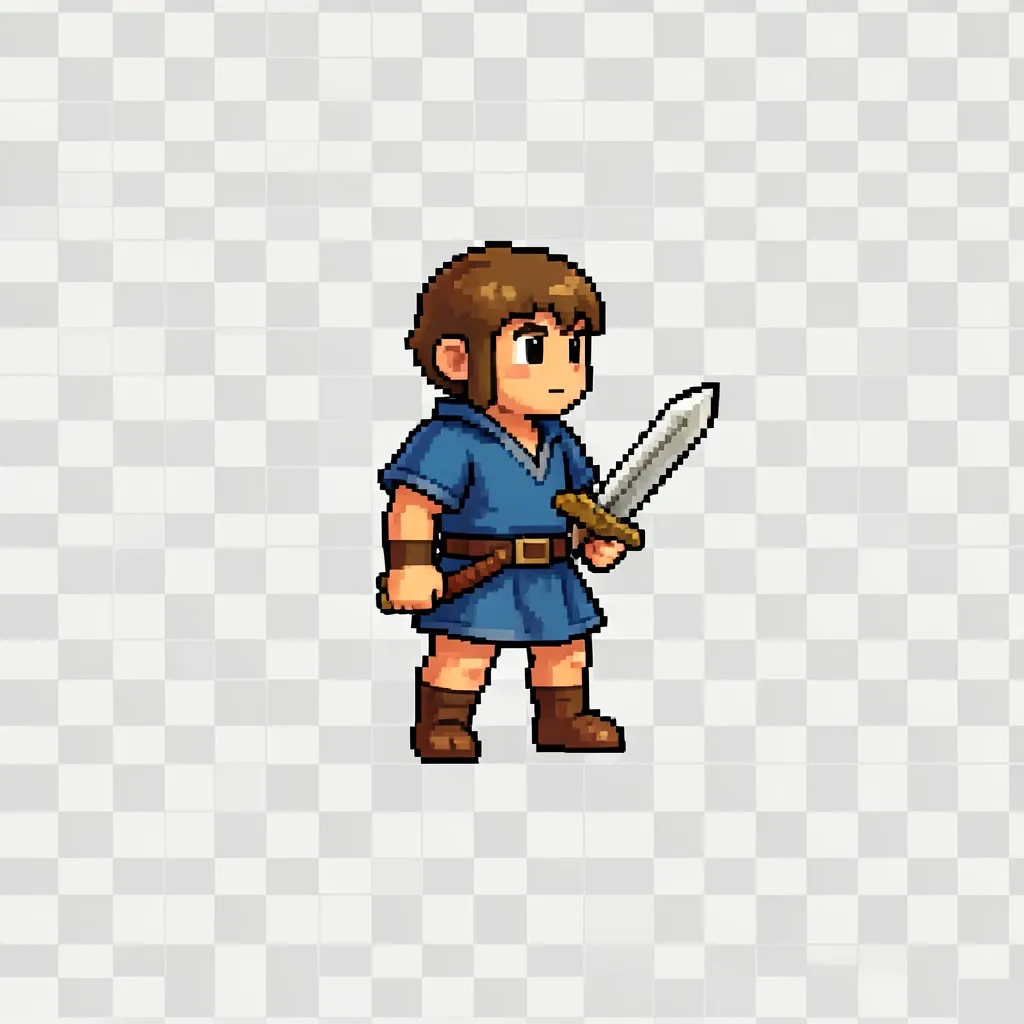 A 32x32 pixel art hero sprite in a blue tunic holding a sword, idle pose centered on a transparent grid