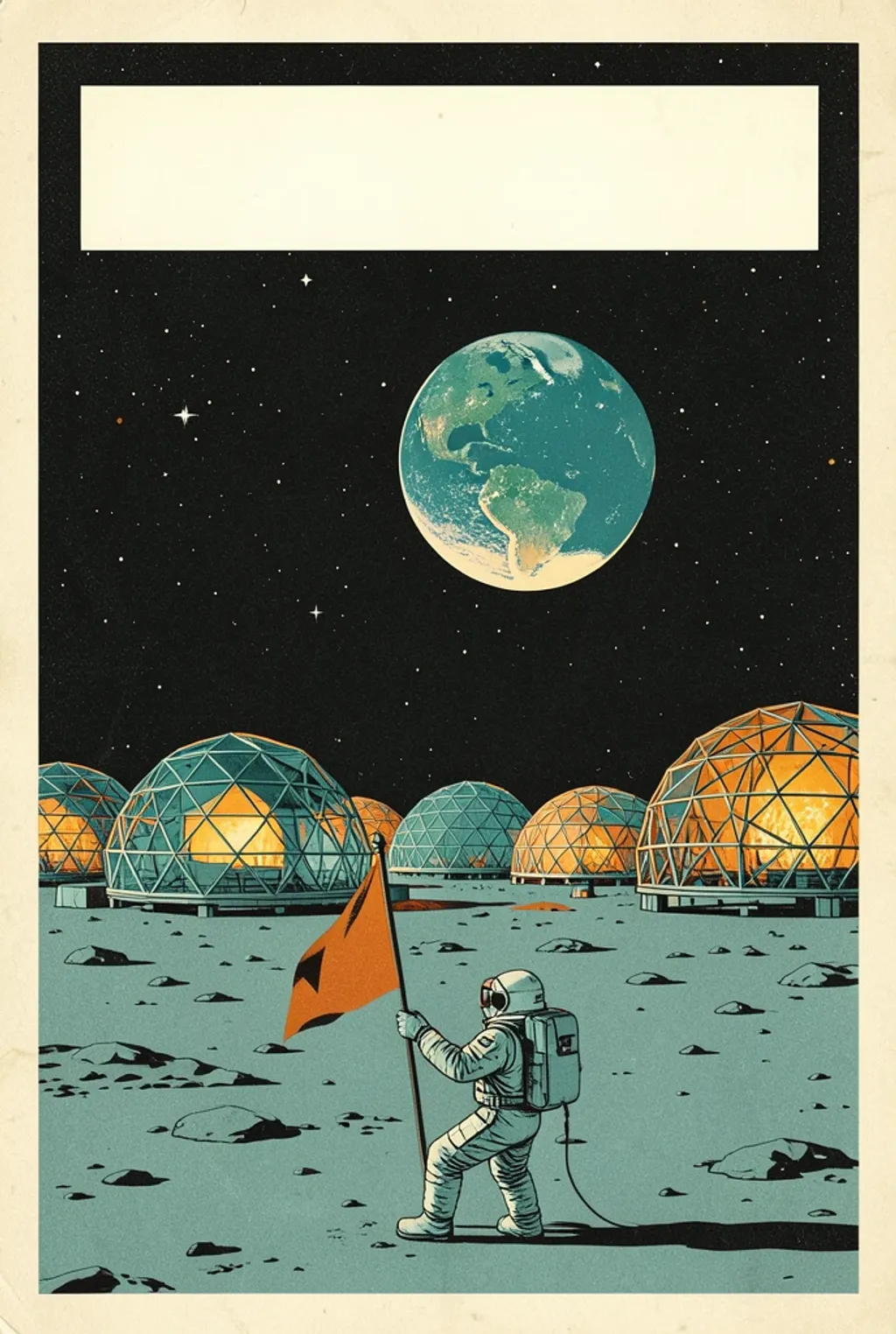 Vintage travel poster of a moon colony with glowing domes, an astronaut planting a flag, and Earth in a starry black sky