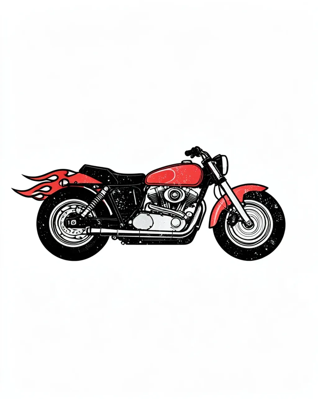 Retro flat-vector motorcycle with stylized flames and speed lines in red, black and white on a white tee graphic