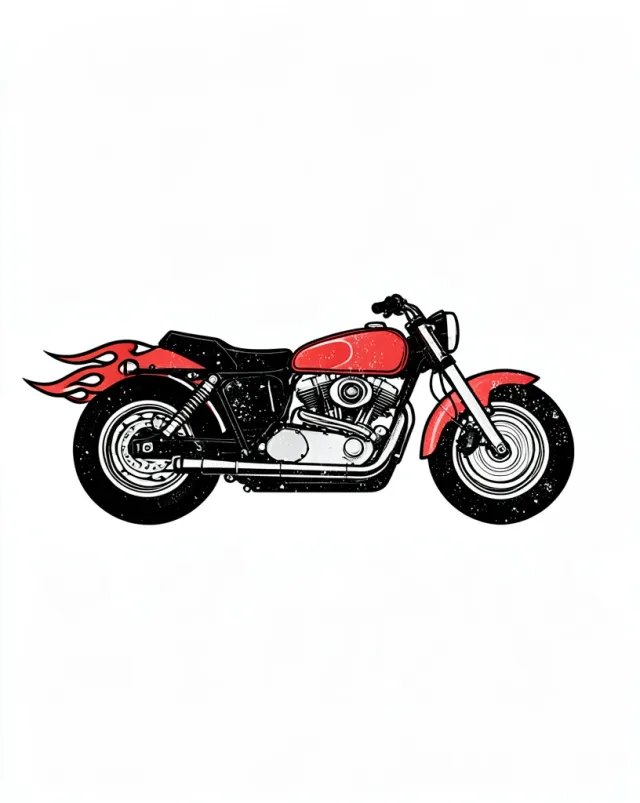 Retro flat-vector motorcycle with stylized flames and speed lines in red, black and white on a white tee graphic