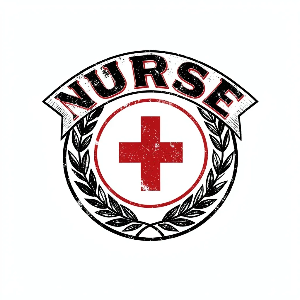 Retro circular nurse badge t-shirt design with red cross and laurel wreath