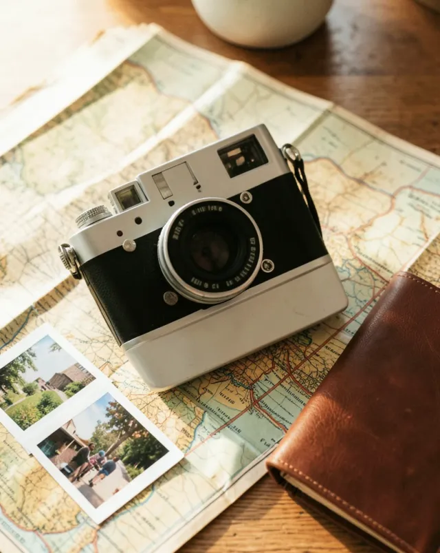 Retro Polaroid camera on a folded travel map with instant photos and a leather notebook