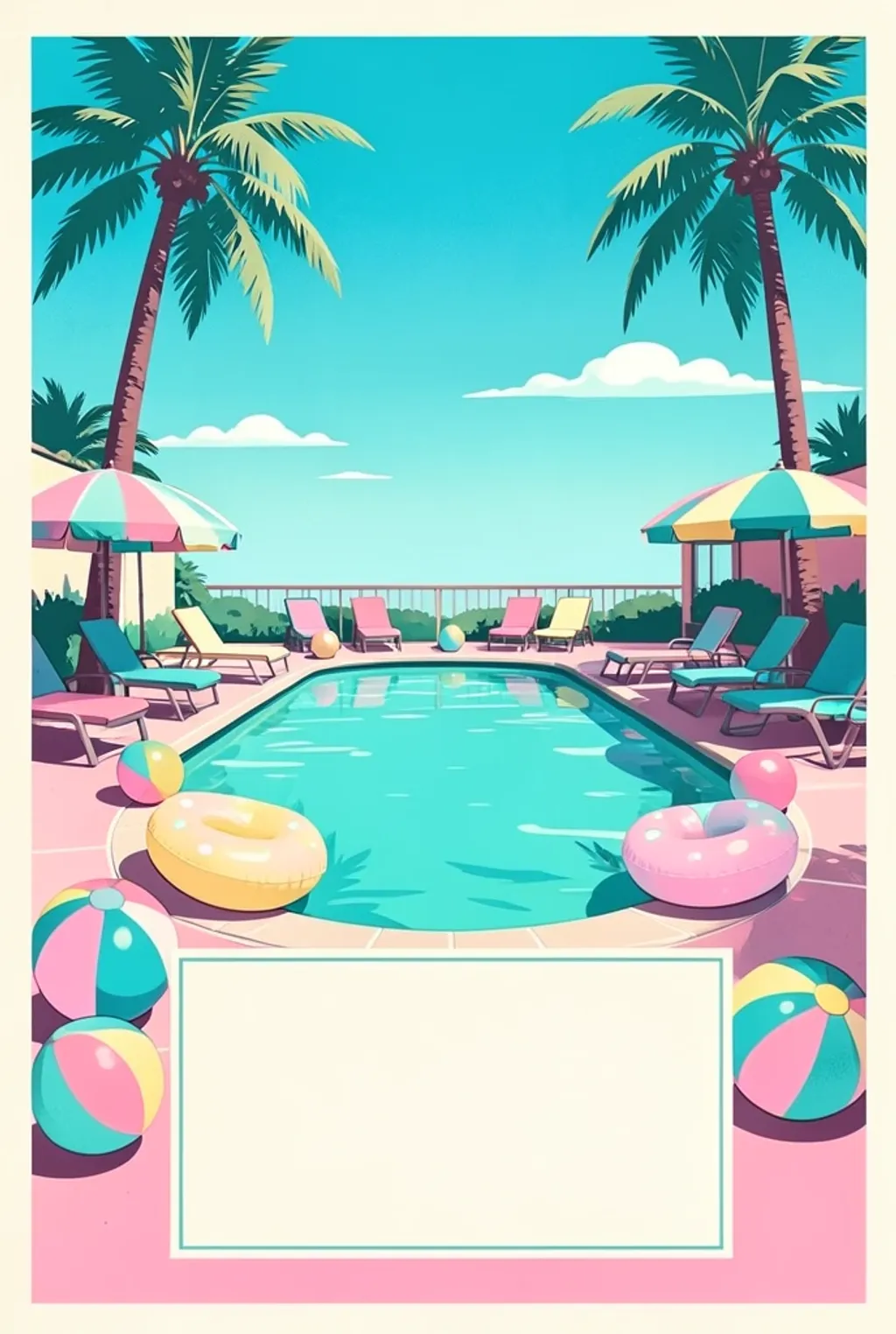 Retro 1960s pool party invitation with turquoise pool, pastel floaties, palm trees, and a blank text panel