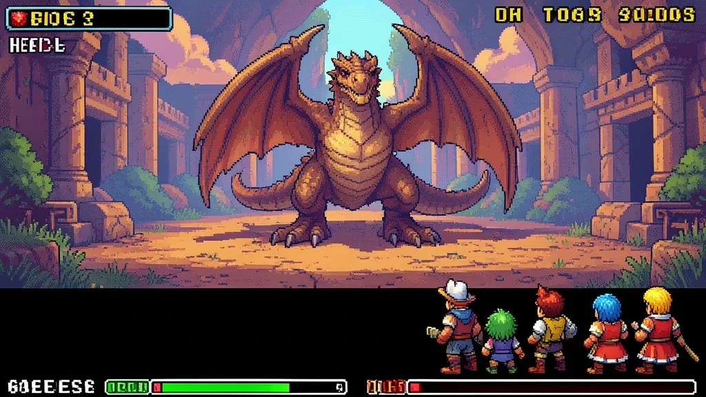 16-bit pixel-art JRPG battle screen with heroes facing a large dragon and a dark blank menu band at the bottom