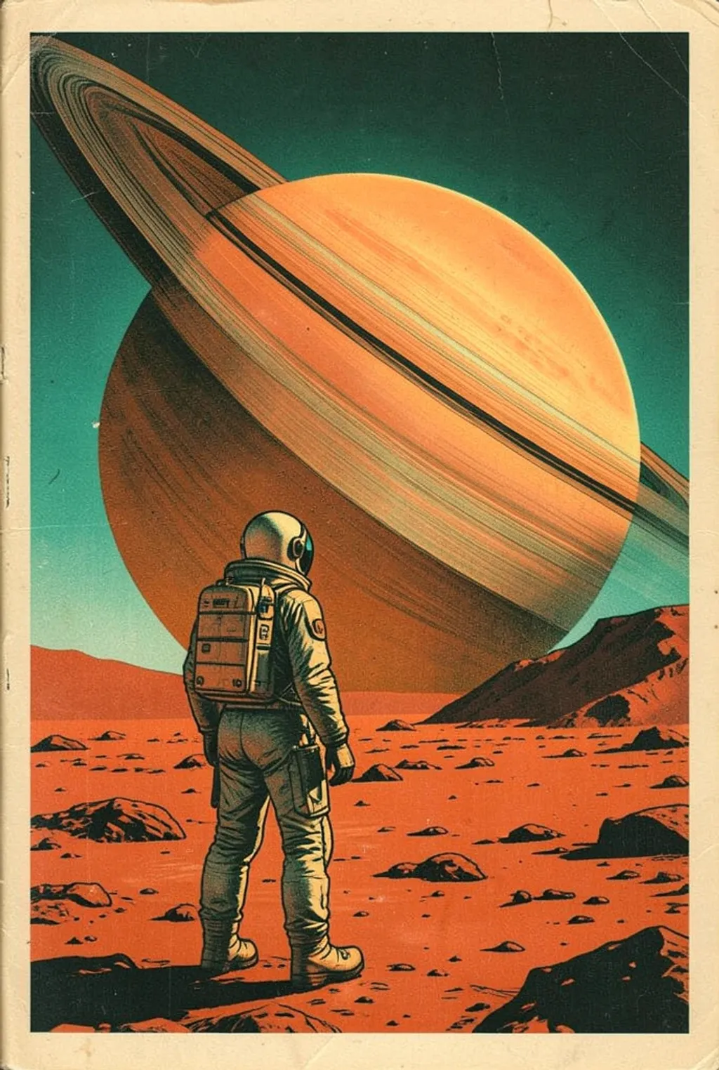 Retro sci-fi astronaut on a red planet facing a rising ringed planet in 1970s paperback style