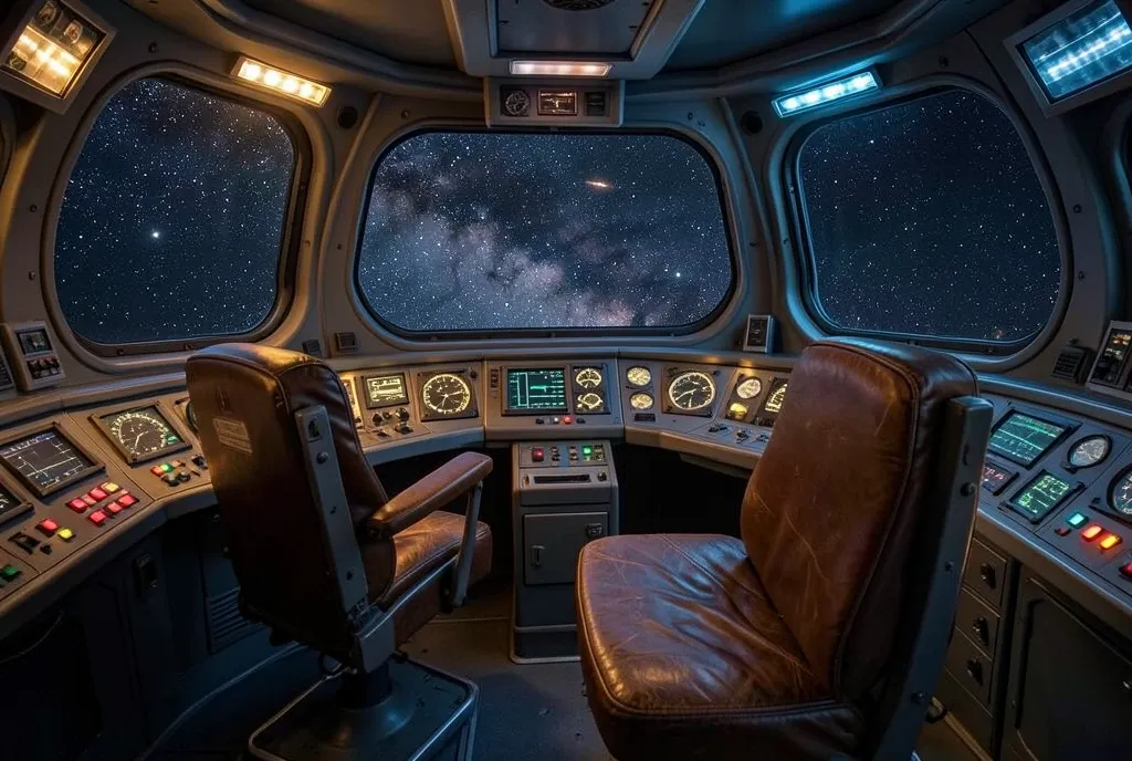 Retro sci-fi spaceship control room with analog dials, glowing buttons, and starry curved window