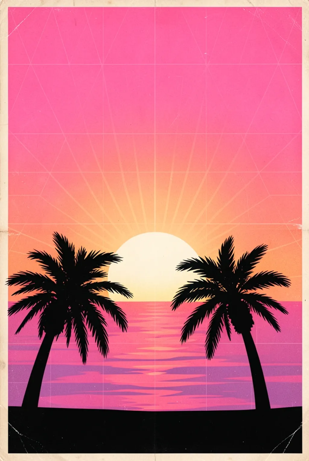 Retro sunset beach landscape with palm trees and neon pink and orange sky