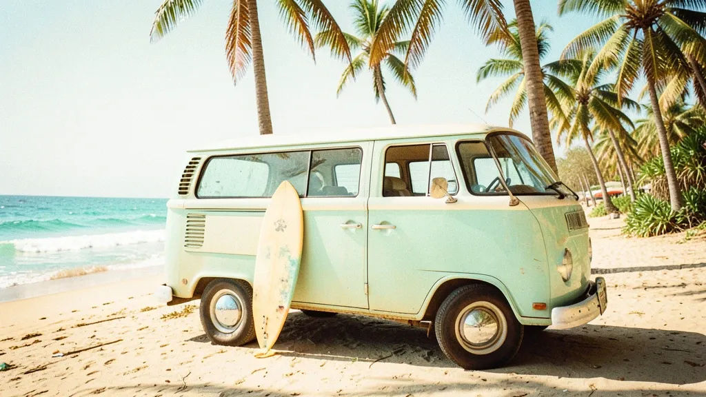 Retro pastel surf van parked on a sunny beach with a surfboard and turquoise waves