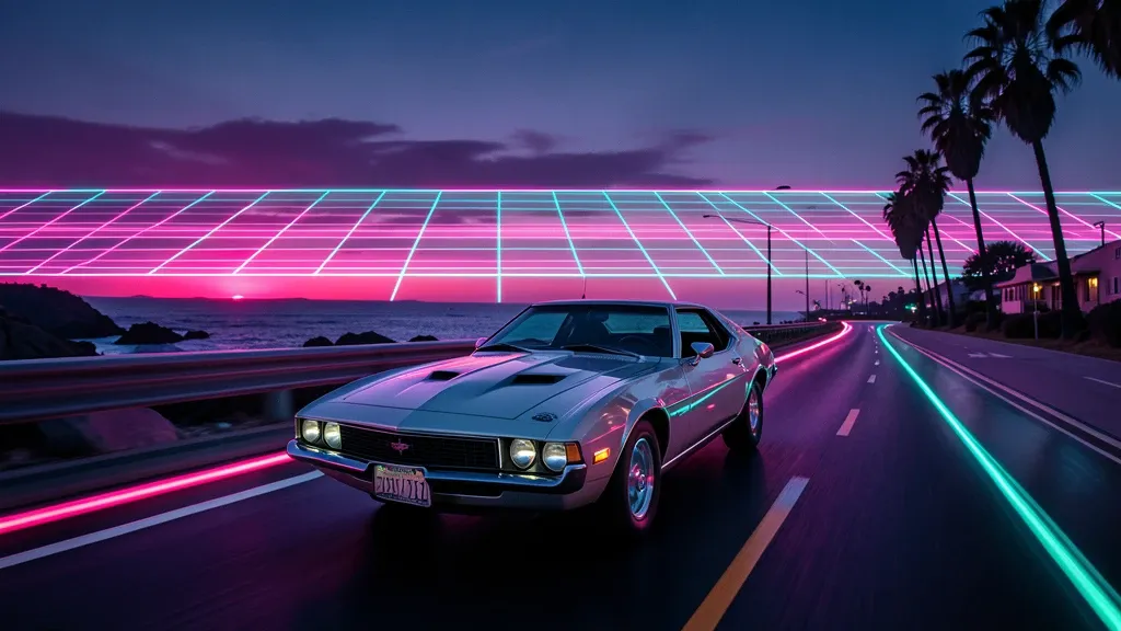 1980s sports car on a neon coastal highway at dusk with a magenta and cyan synthwave grid