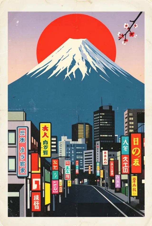 Retro travel poster of Tokyo with Mount Fuji, skyline, red rising sun, and cherry blossoms