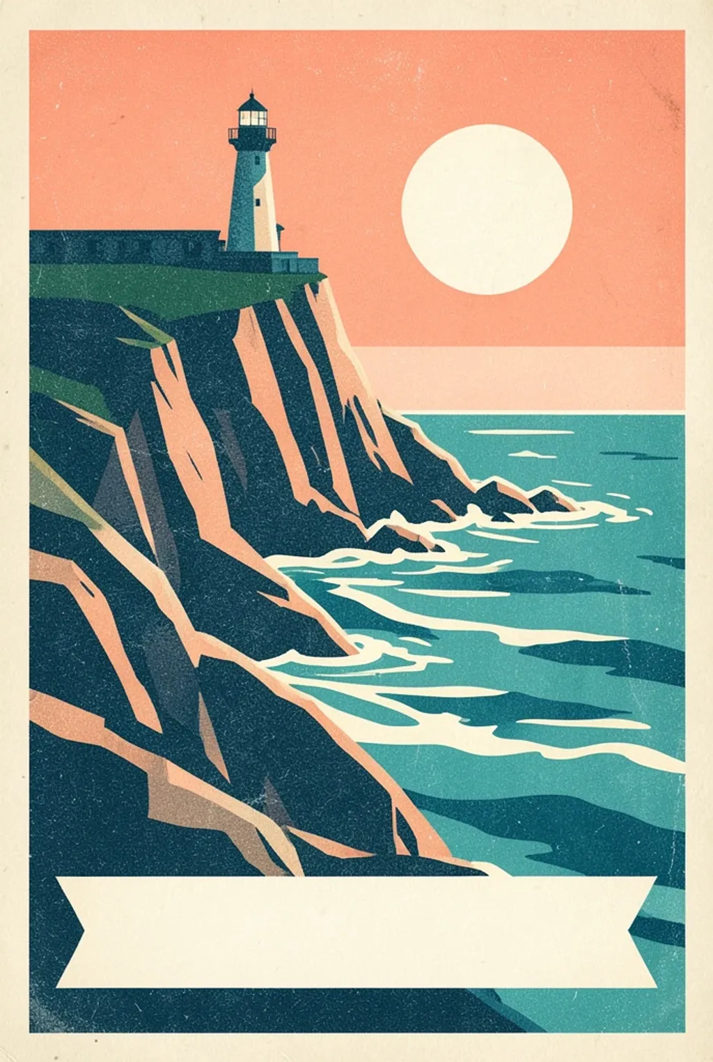 A retro travel poster of cliffs and a lighthouse in teal, coral and cream flat shapes