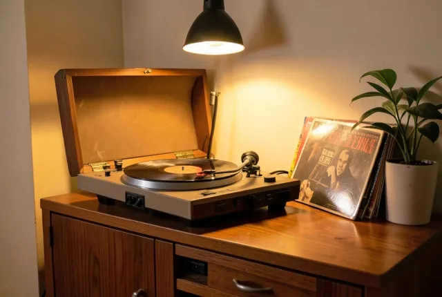Retro turntable playing a vinyl record on a wooden credenza with warm lamplight and classic albums