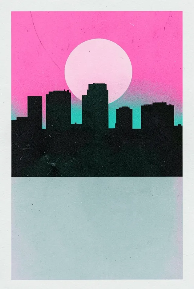 Risograph poster of a city skyline in pink, teal and black inks with visible misregistration