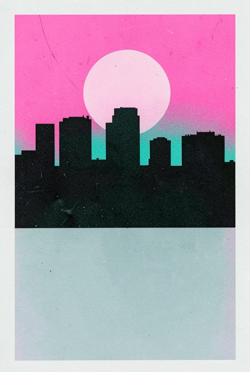 Risograph poster of a city skyline in pink, teal and black inks with visible misregistration