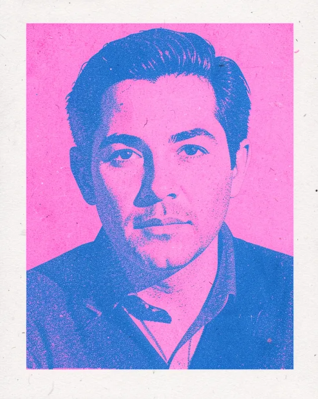 Risograph-style portrait print with mis-registered fluorescent pink and blue inks on textured paper